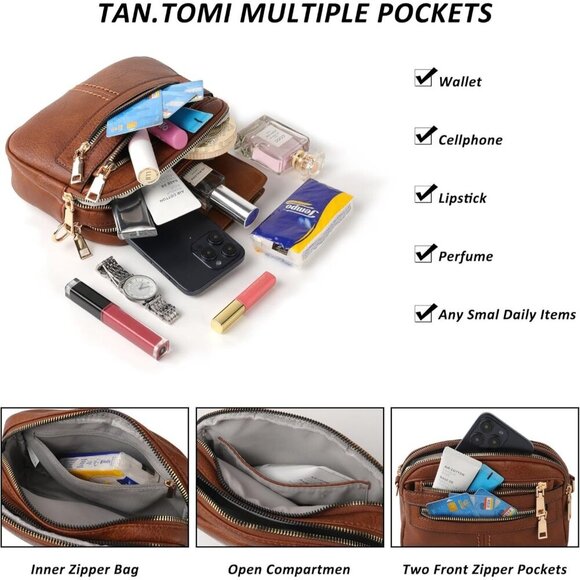 6-Pocket Crossbody Bags for Women, Vegan Leather Shoulder Handbags Brown Travel - Picture 5 of 7